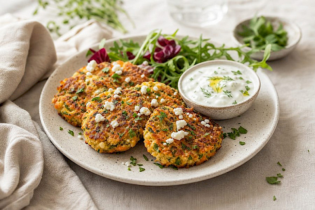 Möhren-Feta-Puffer mit Joghurt-Dip