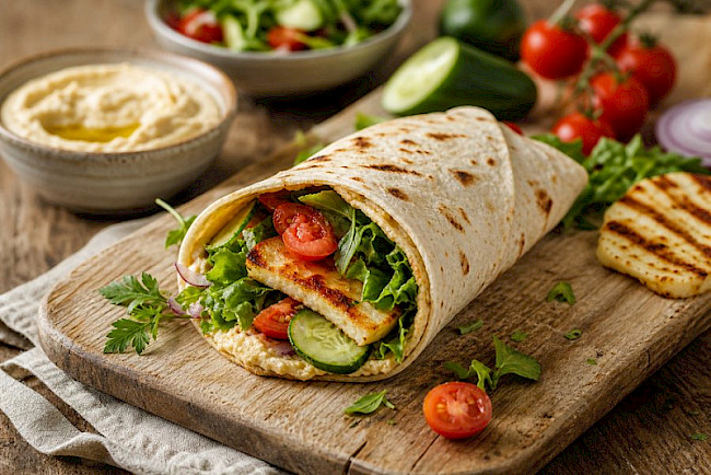 Halloumi-Wrap mit Hummus und Salat