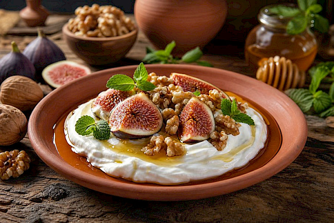 Griechischer Joghurt mit Honig, Walnuss und Feige