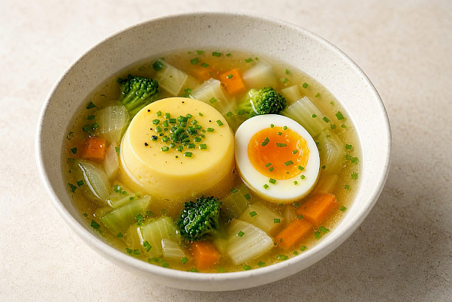 Vegetarisch · Klare Brühe mit Eierstich und Gemüse