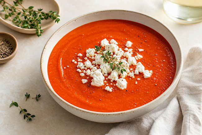 Vegetarisch · Tomaten-Paprika-Suppe mit Feta