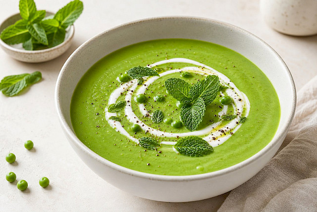 Vegetarisch · Erbsensuppe mit Minze und Joghurt