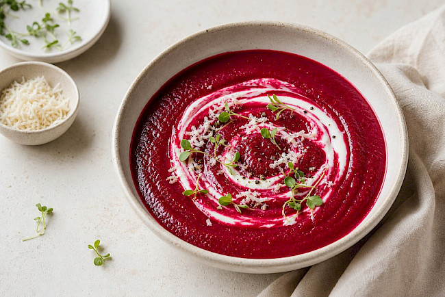 Vegetarisch · Rote-Bete-Suppe mit Meerrettich-Joghurt