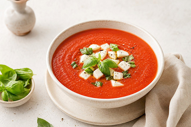 Low-Carb · Tomatensuppe mit Mozzarella-Würfeln