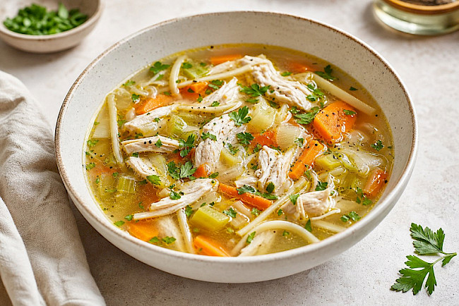 Low-Carb · Hühnersuppe mit Gemüsestreifen
