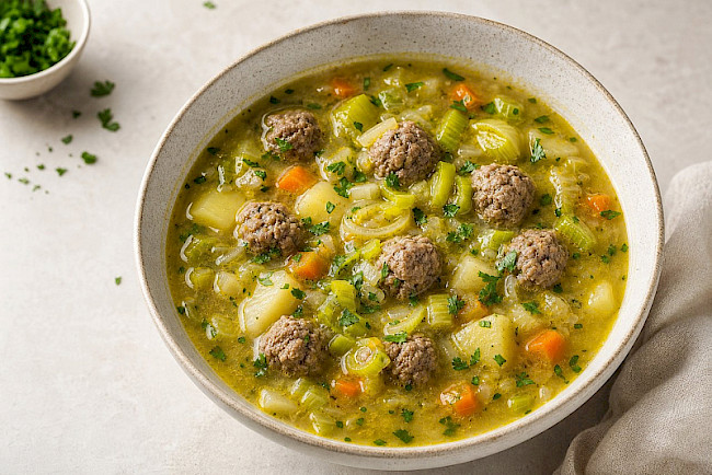 Low-Carb · Lauchsuppe mit Mini-Hackbällchen