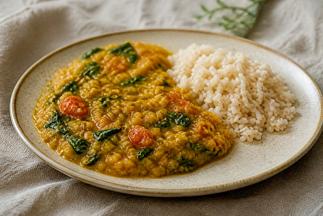 Rote-Linsen-Dal mit Spinat und Naturreis