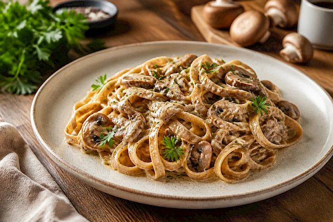 Vollkorn-Spaghetti mit Champignon-Rahm-Sauce