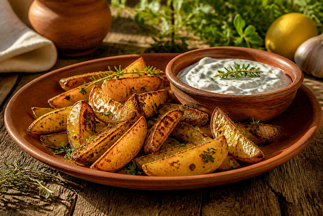 Ofen-Kartoffelspalten mit Kräuterquark-Dip