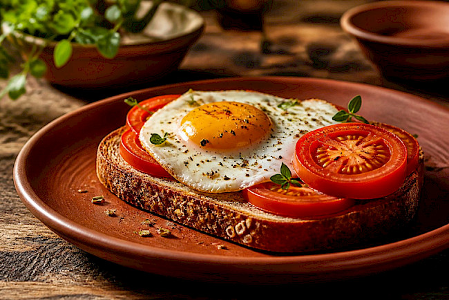 Vollkornbrot mit Spiegelei und Tomate (Strammer Max vegetarisch)