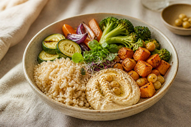 Buddha-Bowl mit Naturreis, Gemüse und Hummus