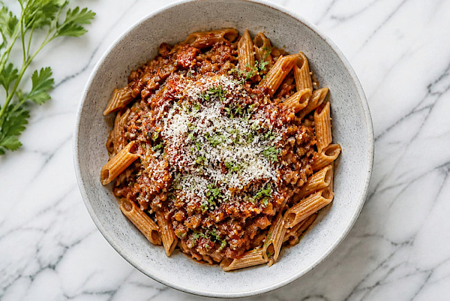 50. Herzhafte Linsen-Bolognese auf Vollkornnudeln