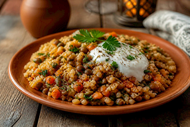 88. Orientalischer Bulgur-Linsen-Pilaw mit Joghurt