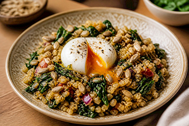 108. Bulgur-Pilaw mit Ei und Spinat