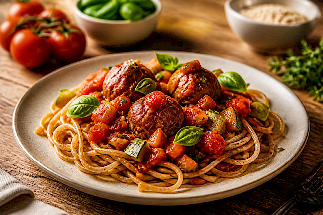 145. Hackbällchen in Tomaten-Gemüse-Sugo mit Vollkorn-Spaghetti