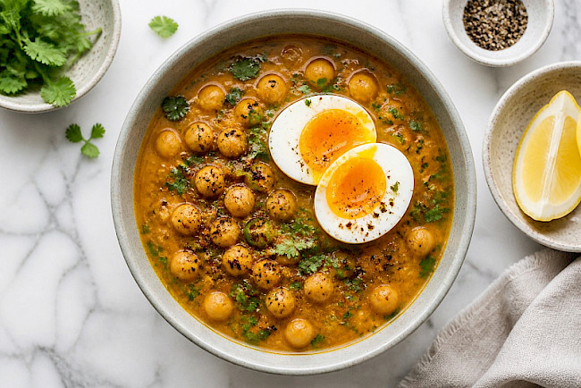 226. Indische Kichererbsen-Curry-Suppe mit Ei
