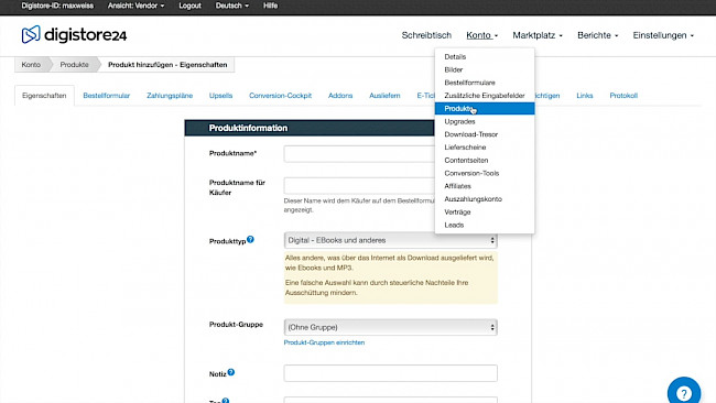 Digistore 24 Produkt anlegen